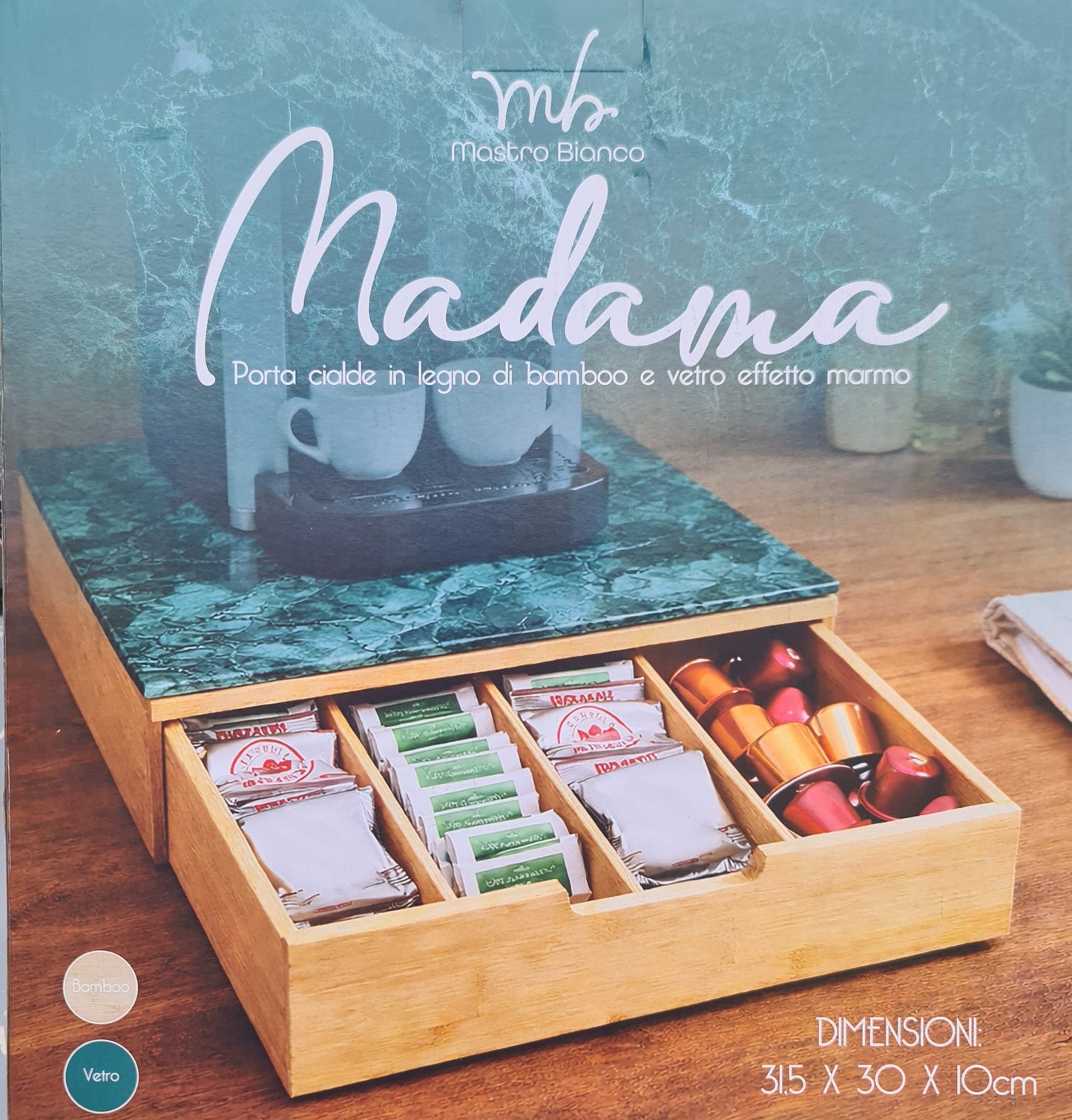 PORTA CIALDE MASTRO BIANCO | in legno di bamboo e vetro effetto marmo